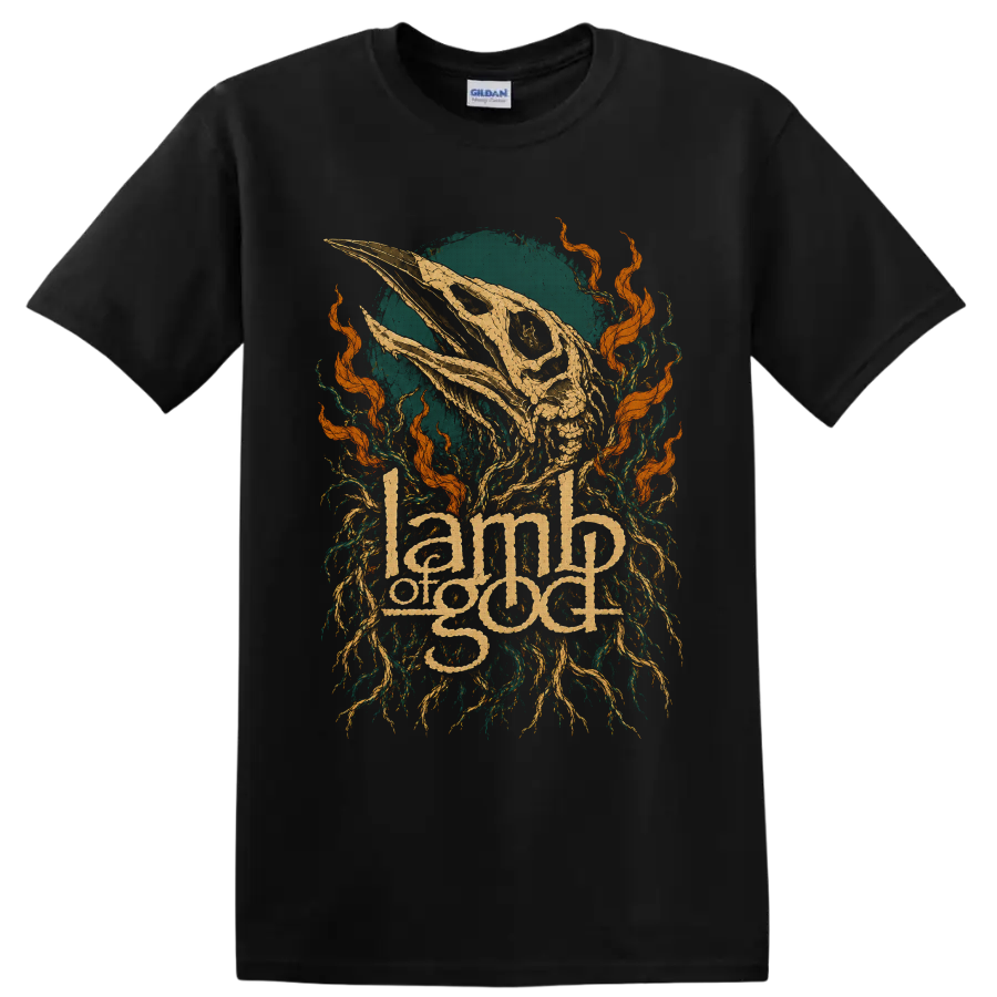 Lamb Of God ornate logo beneath distressed animal skull, roots, and orange flames on a Black T Shirt