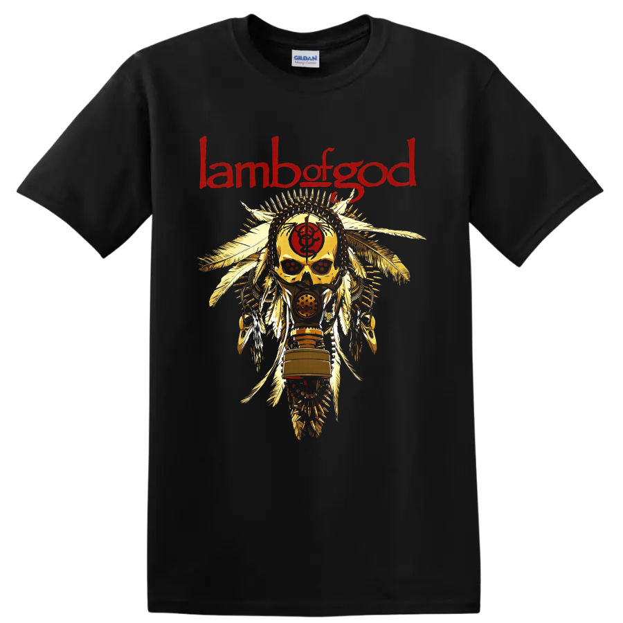 Lamb of God red logo above feathered skull and respirator mask metal artwork on a Black T Shirt
