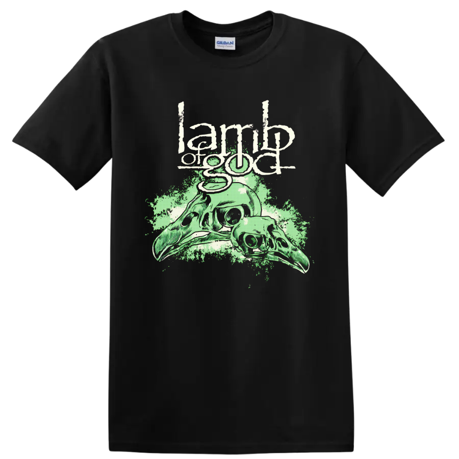 Lamb of God distressed logo above pale green animal skulls and splatter art on a Black T Shirt