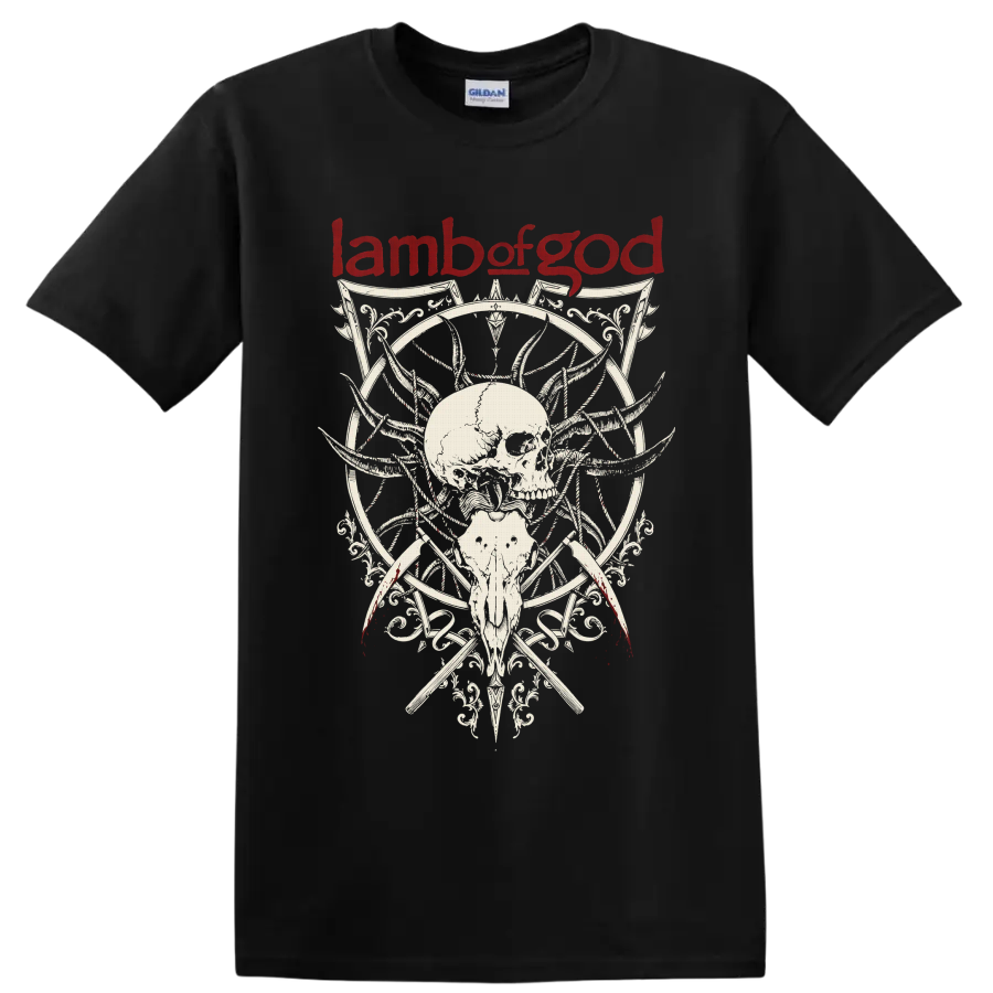 Lamb of God red logo above ornate gothic skull and animal skull artwork on a Black T Shirt