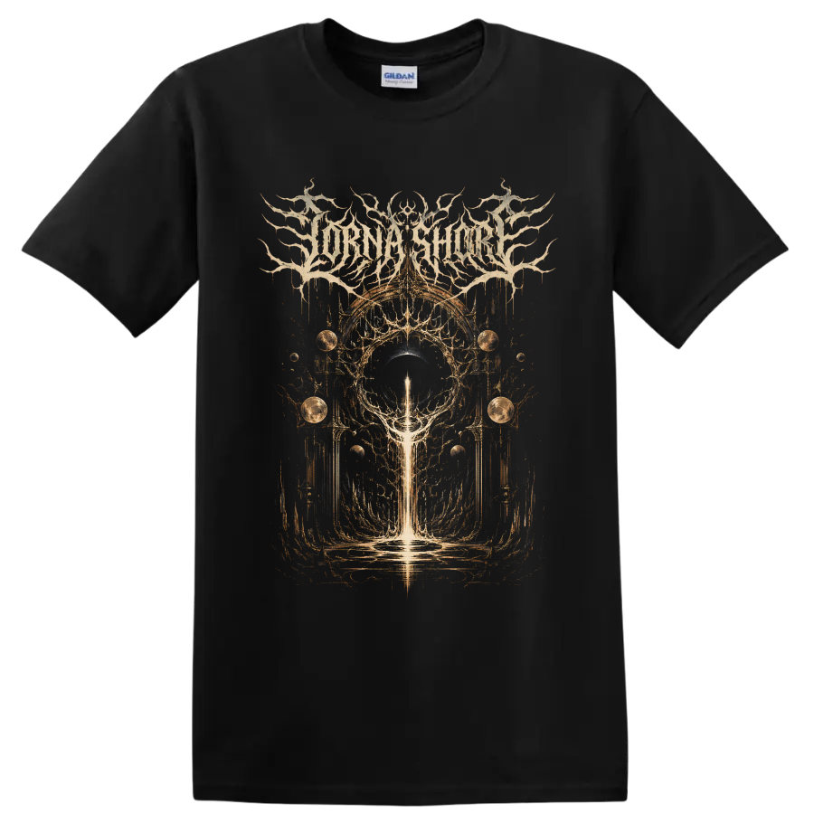Lorna Shore logo above gothic cosmic eclipse, planets, arches, and luminous beam artwork on a Black T Shirt