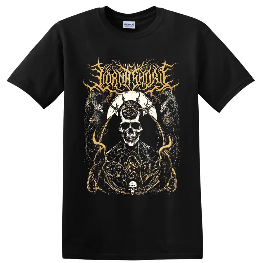 Lorna Shore skull, horned figure, angel wings, and ornate gothic linework on a Black T Shirt
