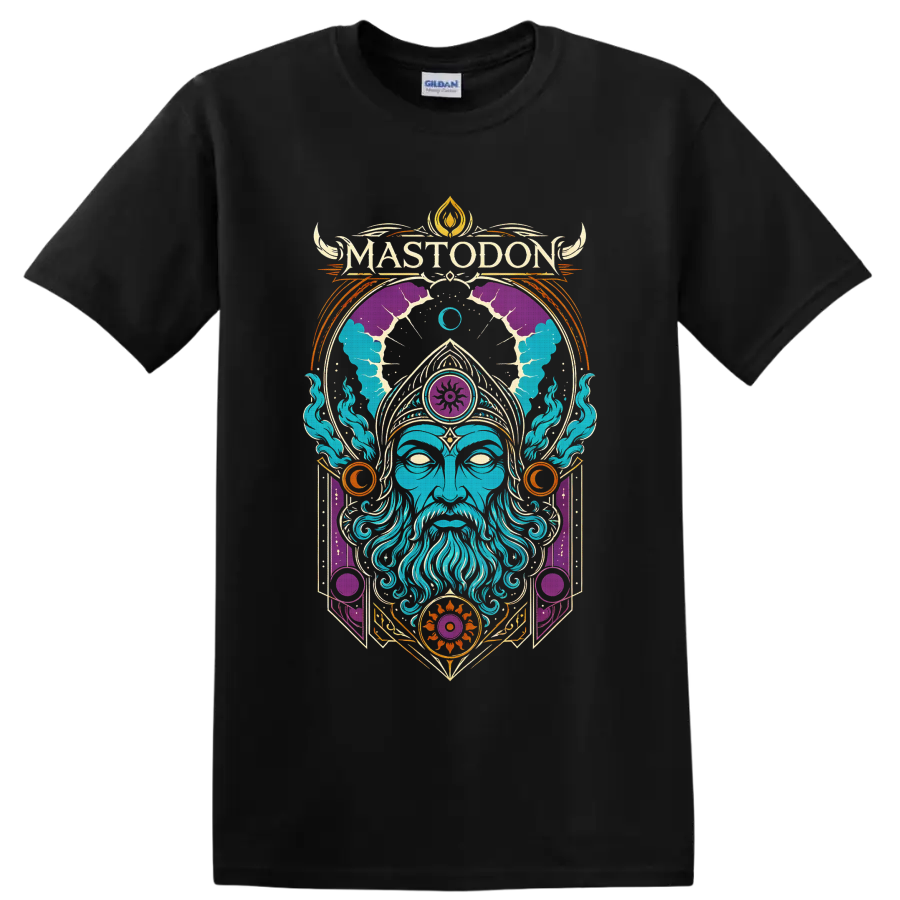 Mastodon logo above a blue wizard with psychedelic celestial and ornamental art on a Black T Shirt