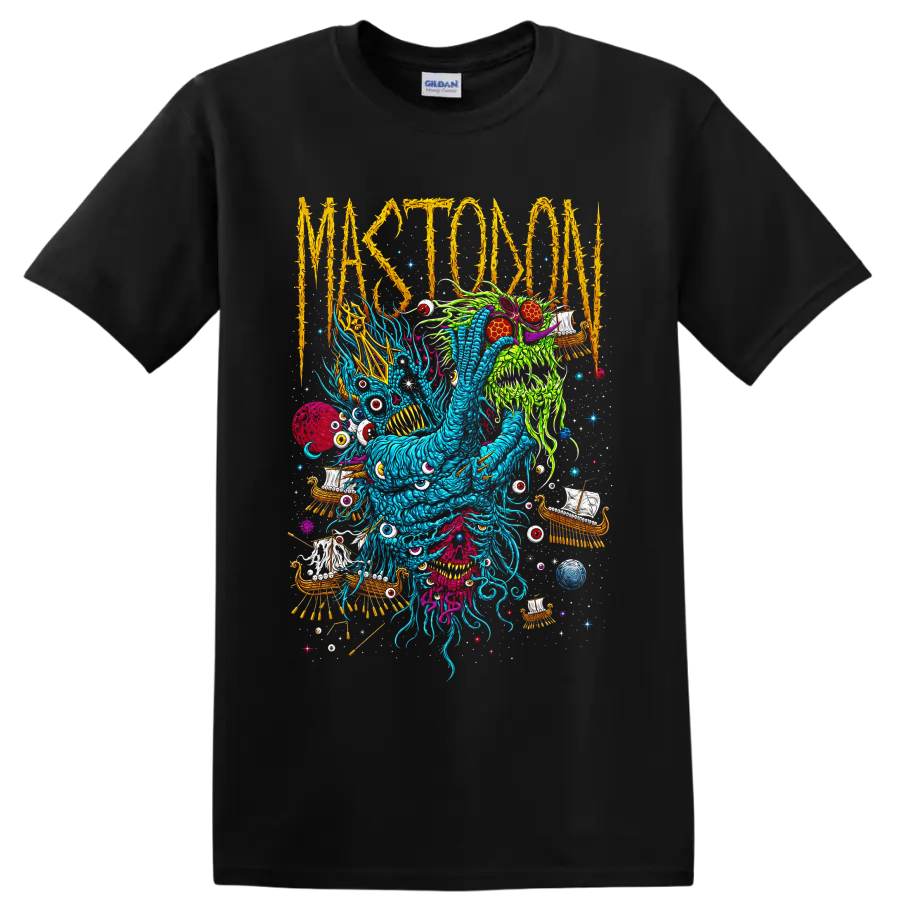 Mastodon thorn-lettered psychedelic monster with Viking ships, eyes, and cosmic details on a Black T Shirt