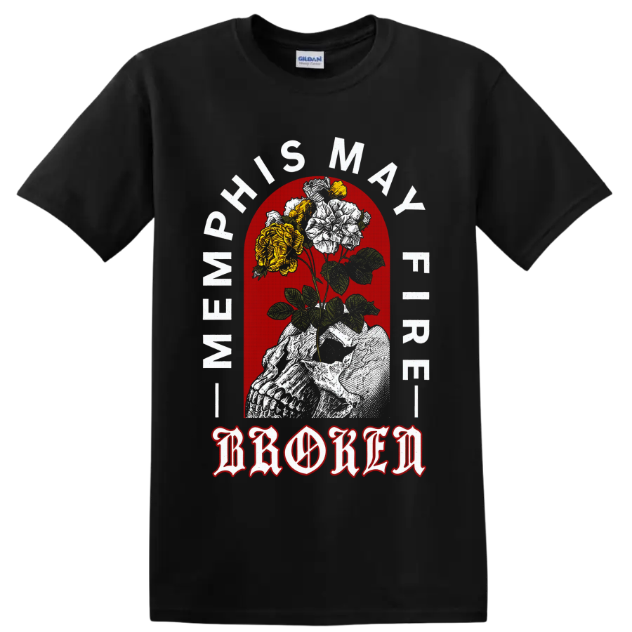 Memphis May Fire gothic statue holding roses with red arch and ornate lettering on a Black T Shirt