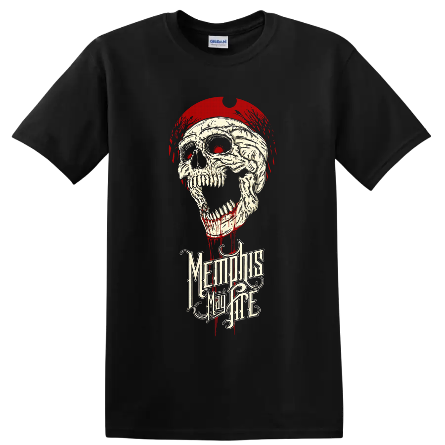Memphis May Fire gothic skull with red paint drips and ornate band lettering on a Black T Shirt