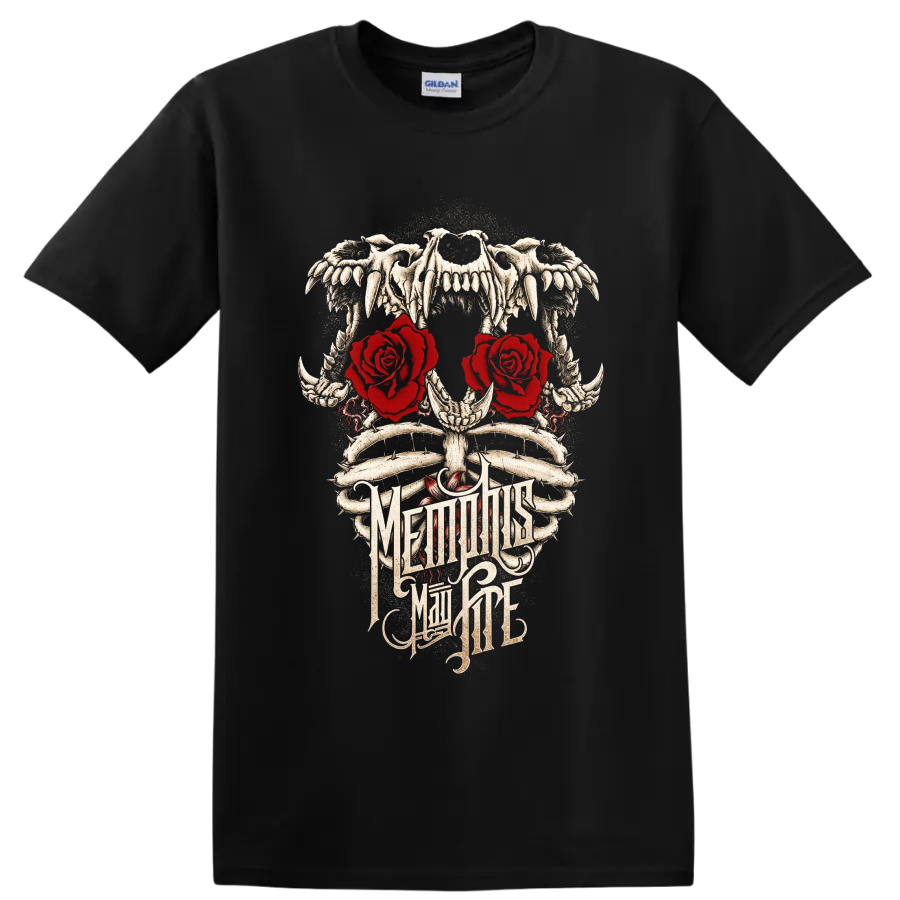 Memphis May Fire gothic skull, bones, red roses, and ornate logo artwork on a Black T Shirt