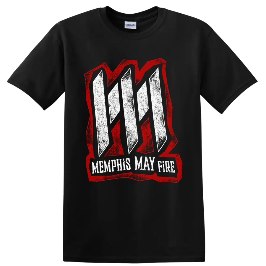 Memphis May Fire distressed white logo inside a bold red angular emblem on a Black T Shirt