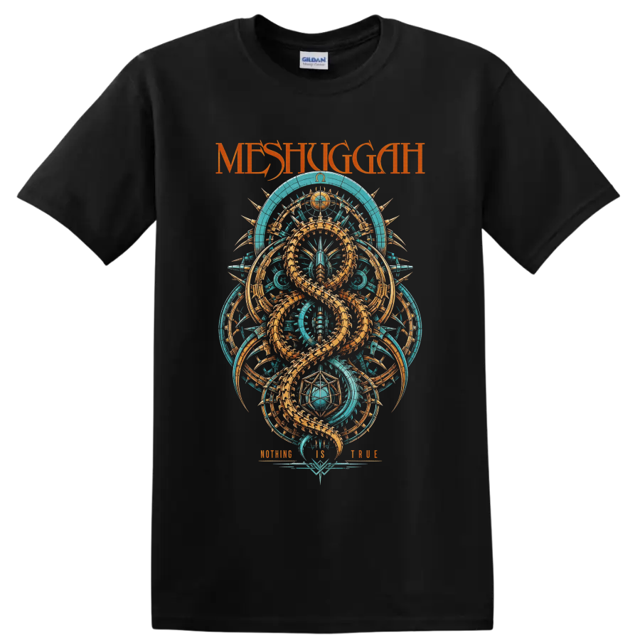 Meshuggah Koloss-inspired turquoise and orange serpent geometry with Nothing Is True text on a Black T Shirt