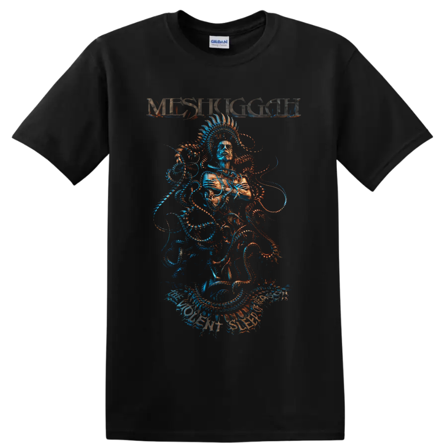 Meshuggah surreal masked figure with spiked halo and blue-orange mechanical tendrils on a Black T Shirt