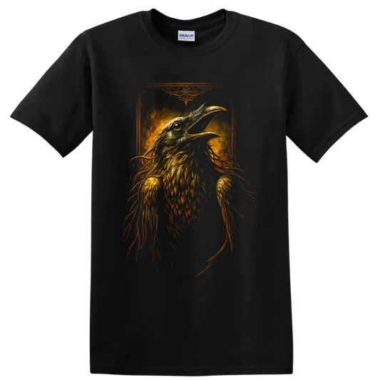 Detailed gothic raven illustration with fiery feathers and ornate vintage frame on a Black T Shirt