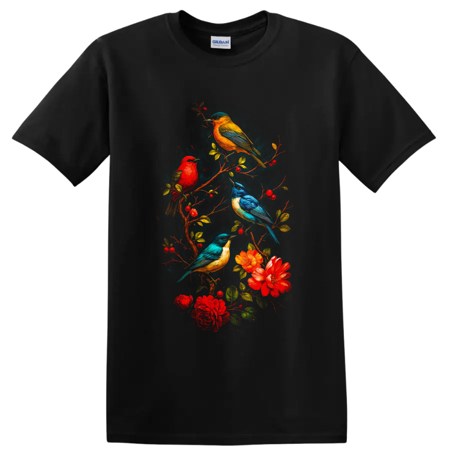 Vibrant songbirds on flowering berry branches in a colorful botanical illustration on a Black T Shirt