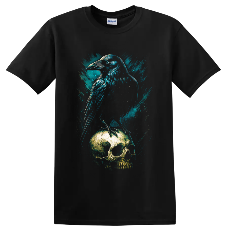 Teal grunge raven perched on a weathered skull gothic bird illustration on a Black T Shirt