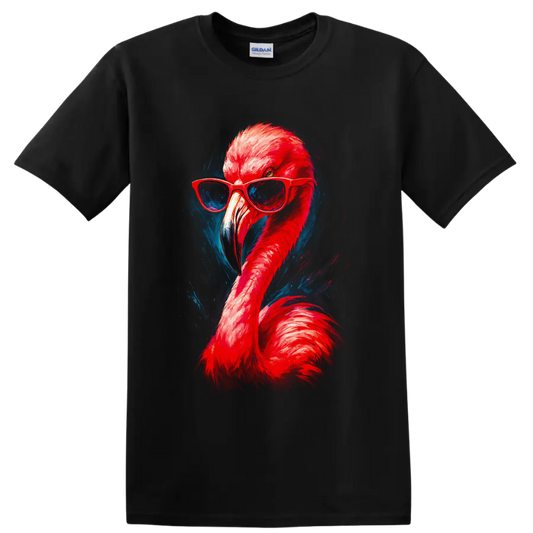 Stylish flamingo in red sunglasses with vivid neon painterly blue accents on a Black T Shirt