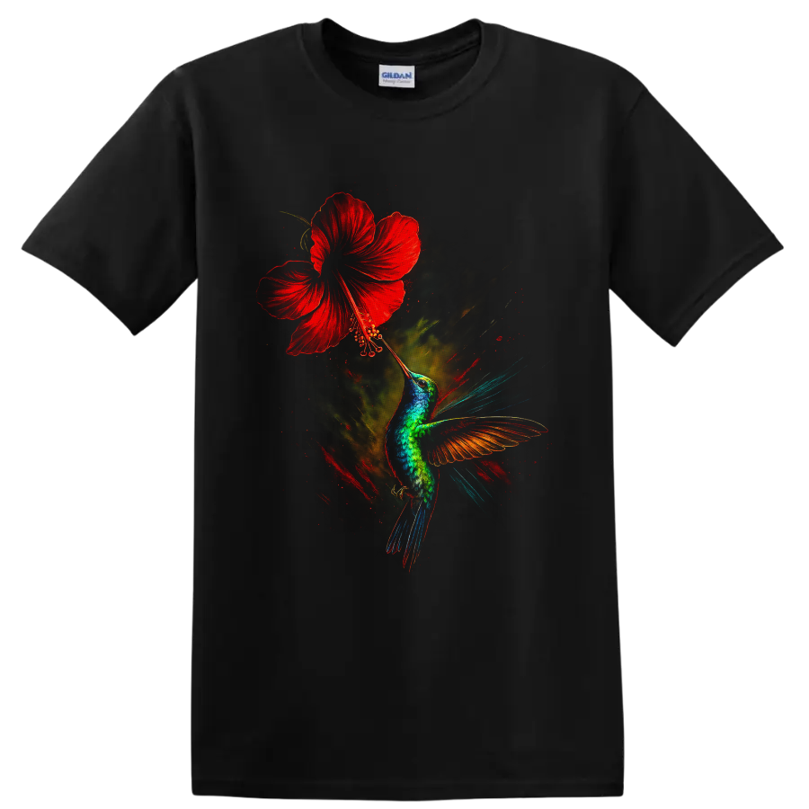 Vibrant hummingbird reaching toward a red hibiscus in dramatic painterly wildlife art on a Black T Shirt