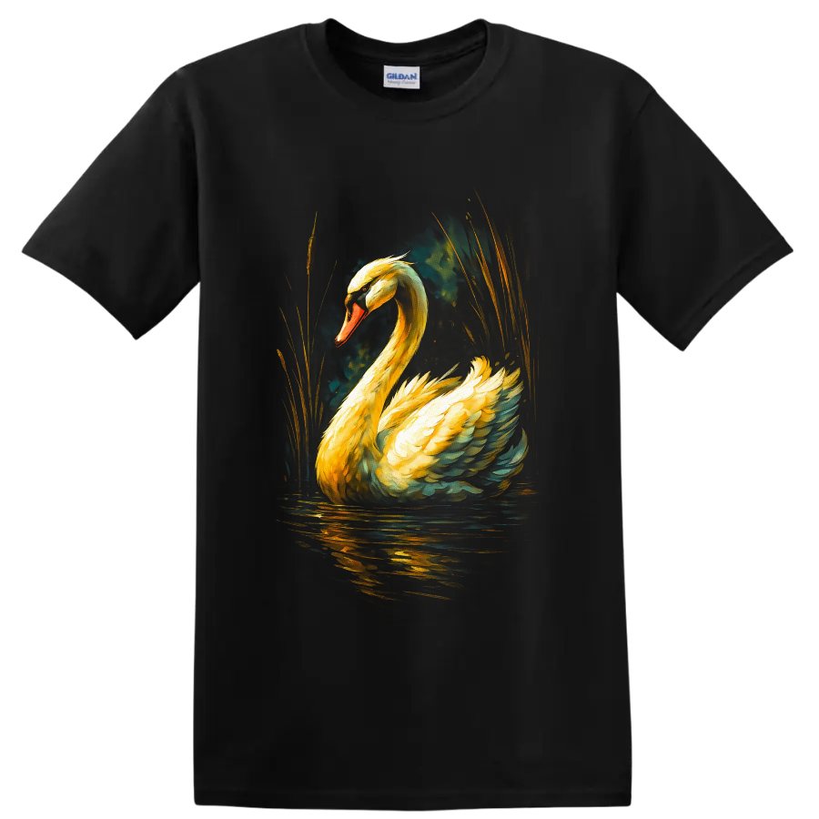 Dramatic painterly mute swan with golden feathers, reeds, and reflective water on a Black T Shirt