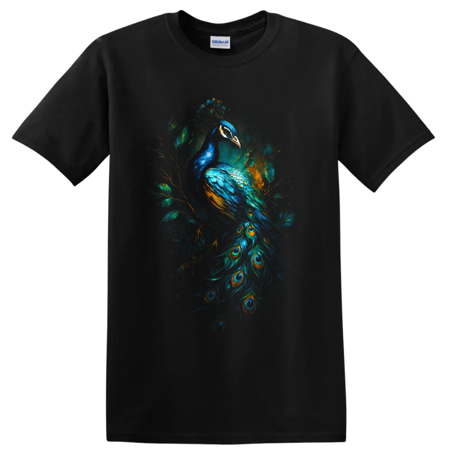Modernist peacock illustration with vivid blue plumage, eye-feather tail, and leafy on a Black T Shirt