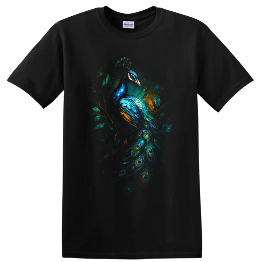 Modernist peacock illustration with vivid blue plumage, eye-feather tail, and leafy on a Black T Shirt