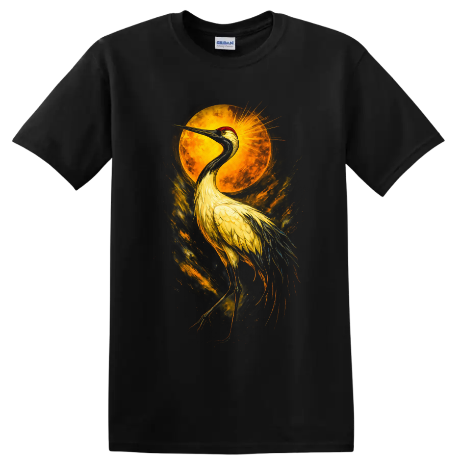 Sandhill crane beneath a golden sun in dramatic painterly wildlife art on a Black T Shirt