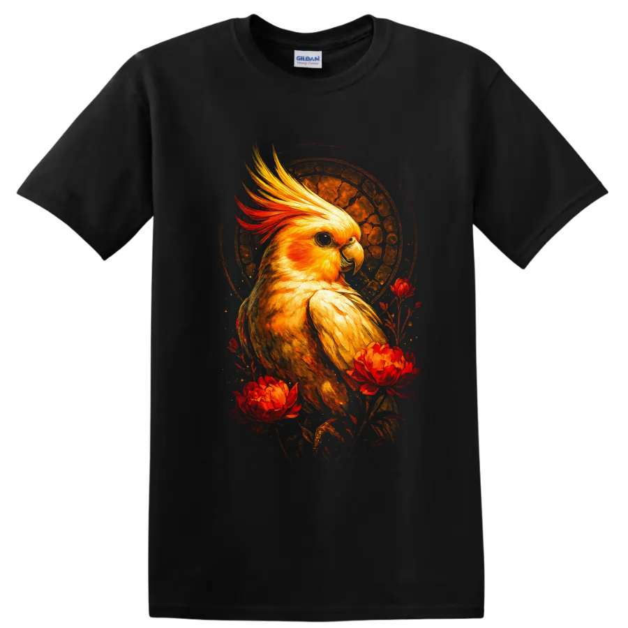 Golden cockatiel portrait with red flowers and textured sunset halo on a Black T Shirt