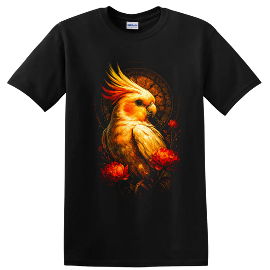 Golden cockatiel portrait with red flowers and textured sunset halo on a Black T Shirt