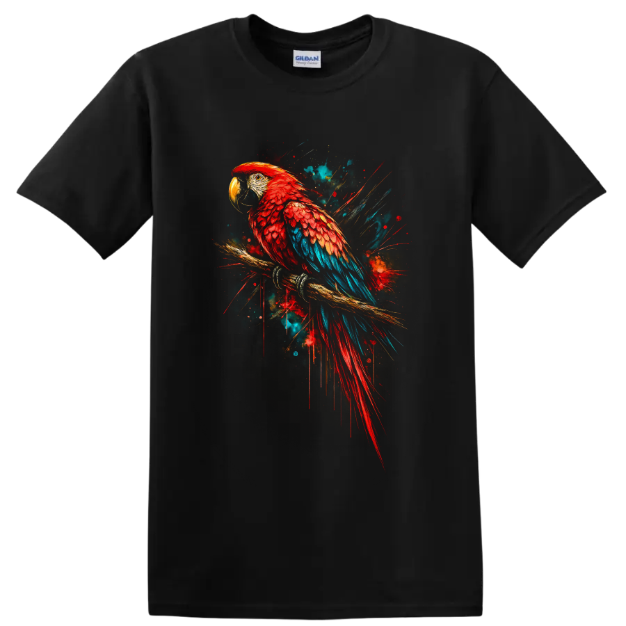 Scarlet macaw parrot on a branch in vibrant red and blue paint splash art on a Black T Shirt
