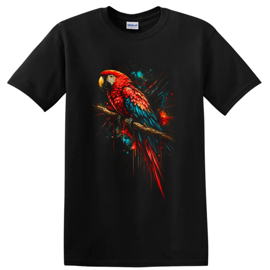 Scarlet macaw parrot on a branch in vibrant red and blue paint splash art on a Black T Shirt