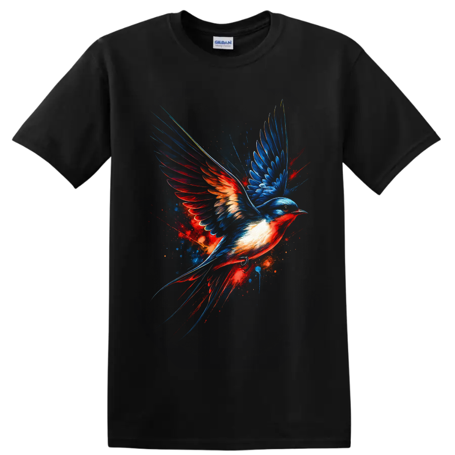 Dynamic artistic swallow in flight with electric blue and fiery red painted wings on a Black T Shirt