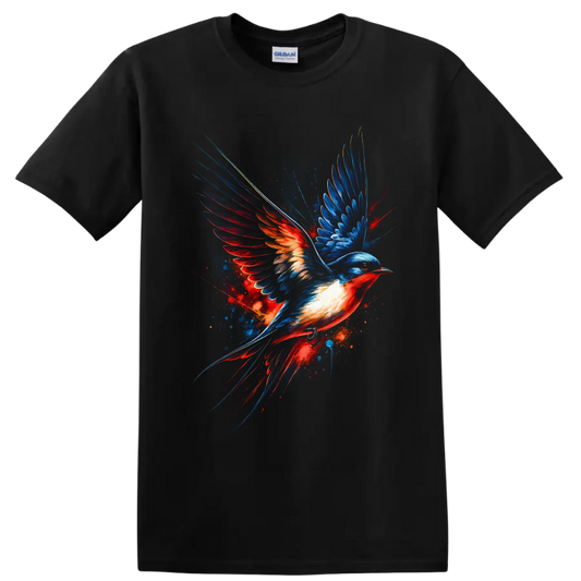 Dynamic artistic swallow in flight with electric blue and fiery red painted wings on a Black T Shirt
