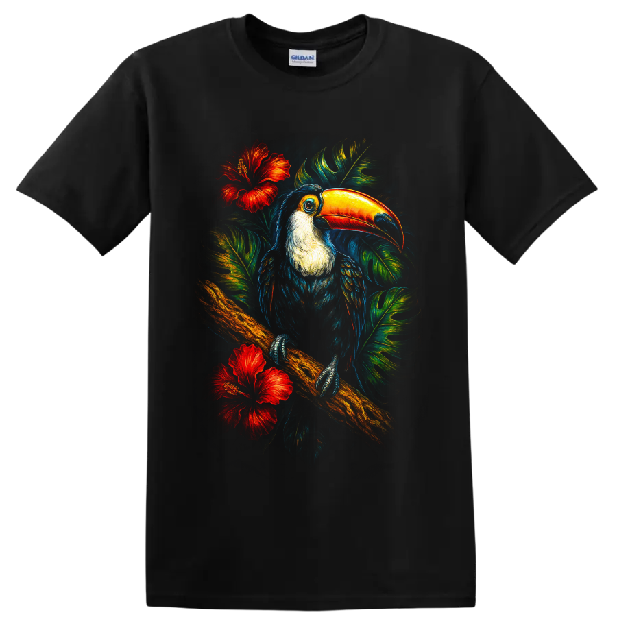 Vibrant painterly toucan on a branch with tropical leaves and red hibiscus flowers on a Black T Shirt