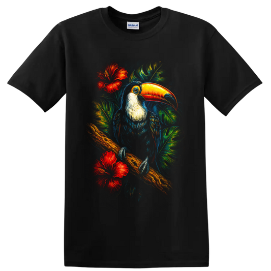 Vibrant painterly toucan on a branch with tropical leaves and red hibiscus flowers on a Black T Shirt