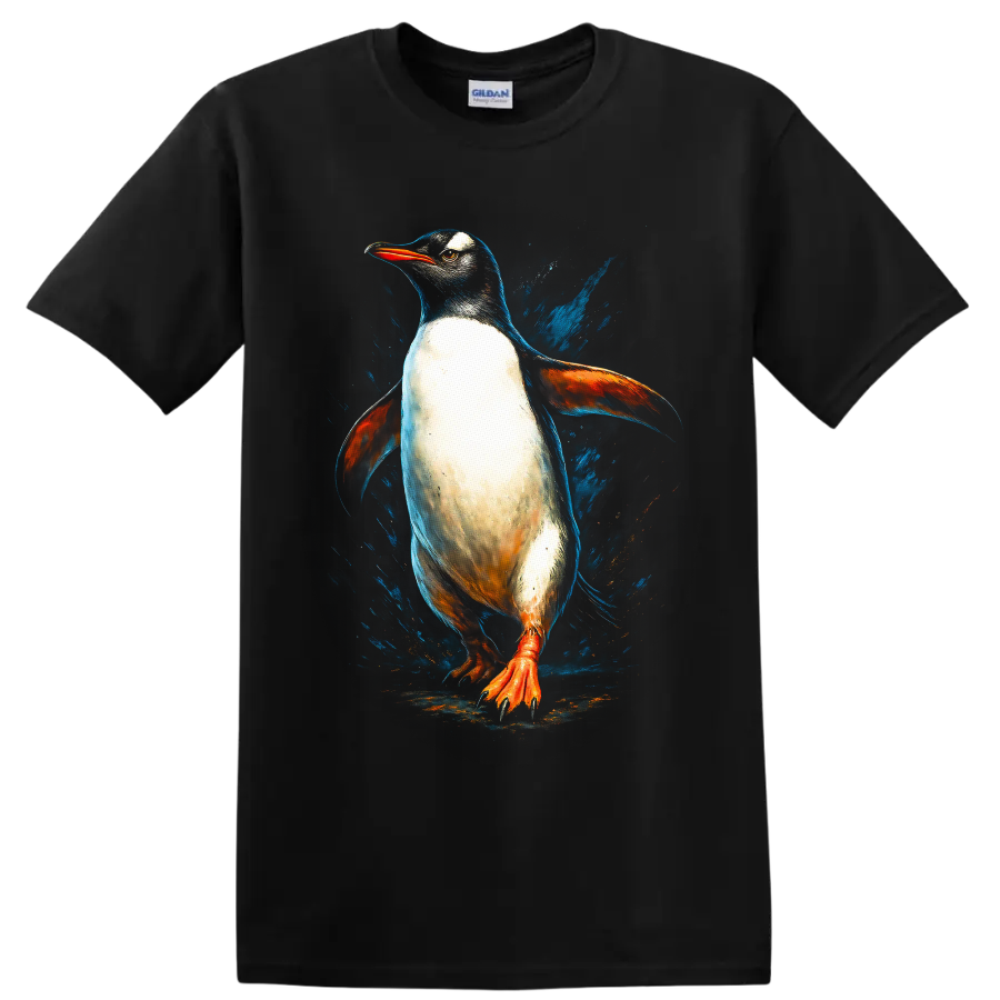 Dynamic Gentoo penguin in colorful painterly wildlife art with blue splashes on a Black T Shirt
