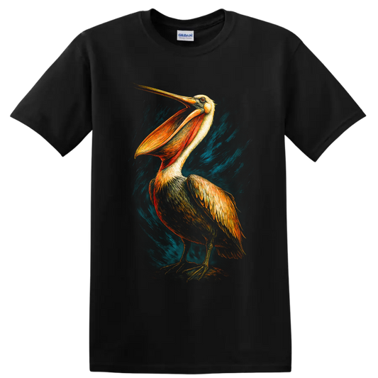 Dramatic hand-drawn pelican with golden feathers and teal coastal brushstrokes on a Black T Shirt