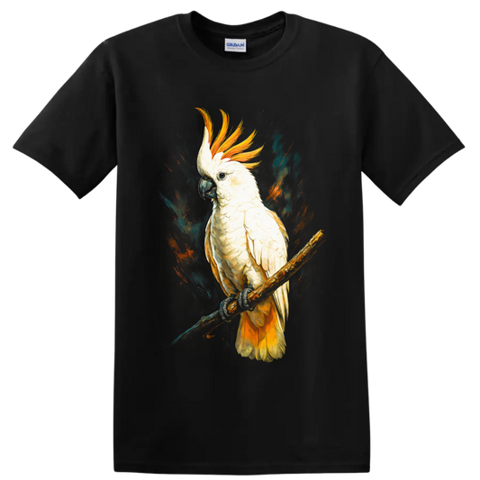 Sulphur-crested cockatoo perched on a branch in dramatic modern wildlife art on a Black T Shirt