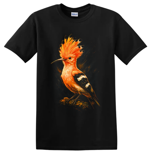 Vibrant artistic hoopoe bird with orange crest, patterned wings, and painterly background on a Black T Shirt