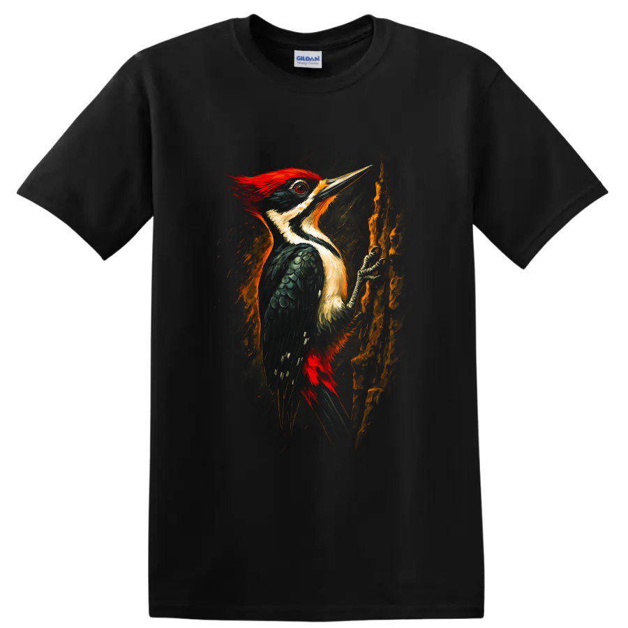 Vibrant painterly pileated woodpecker perched on textured tree bark on a Black T Shirt