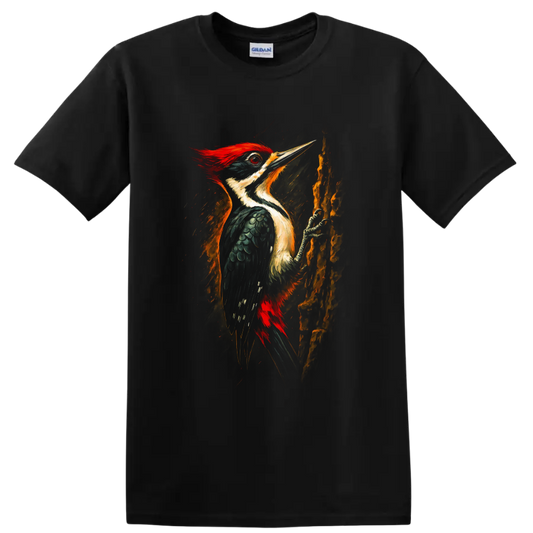 Vibrant painterly pileated woodpecker perched on textured tree bark on a Black T Shirt