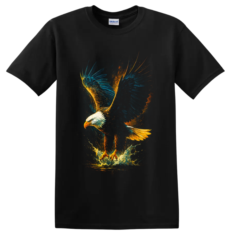 Soaring bald eagle wildlife art with blue wings, golden paint splashes, and water burst on a Black T Shirt
