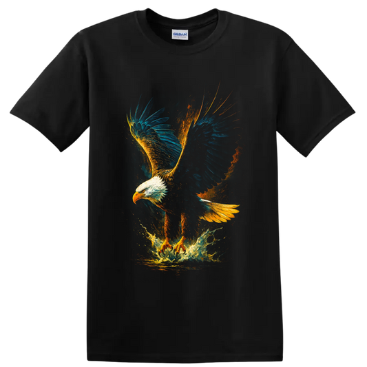 Soaring bald eagle wildlife art with blue wings, golden paint splashes, and water burst on a Black T Shirt