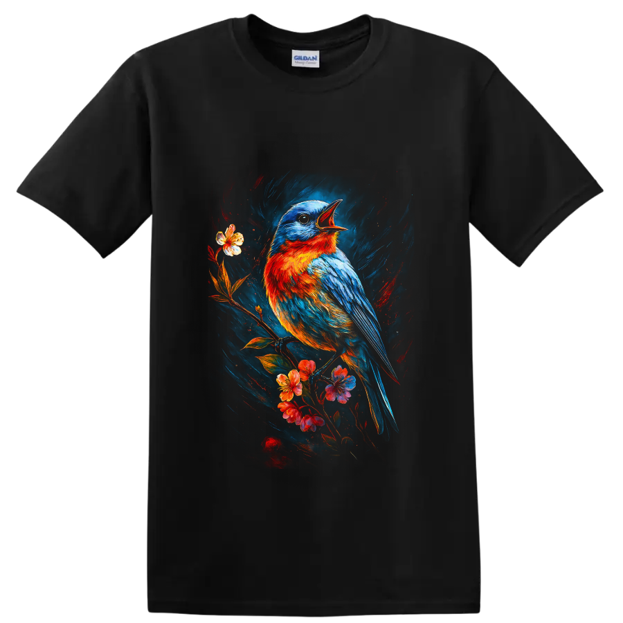 Eastern bluebird singing on a flowering branch in vivid painterly bird art on a Black T Shirt
