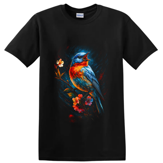 Eastern bluebird singing on a flowering branch in vivid painterly bird art on a Black T Shirt