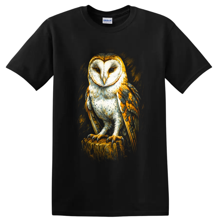 Realistic barn owl perched on a tree stump in dramatic golden painterly wildlife art on a Black T Shirt