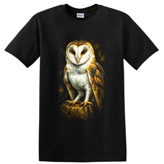 Realistic barn owl perched on a tree stump in dramatic golden painterly wildlife art on a Black T Shirt