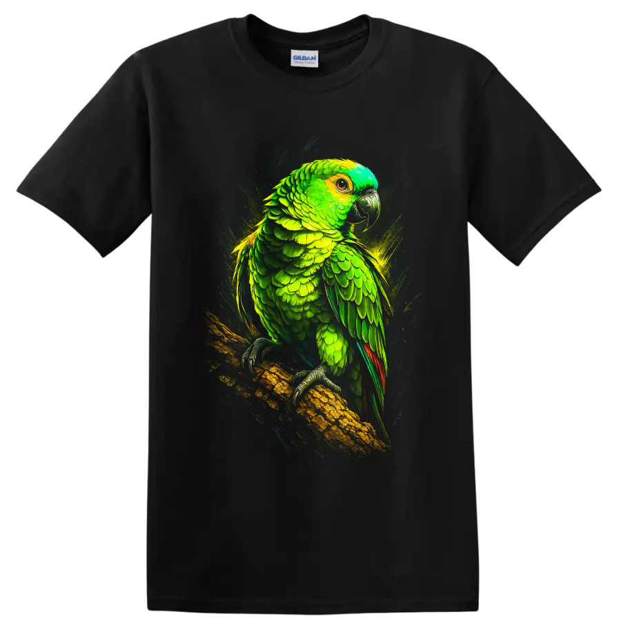 Dramatic neon-style Amazon parrot perched on a branch on a Black T Shirt