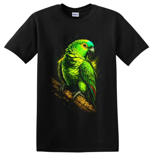 Dramatic neon-style Amazon parrot perched on a branch on a Black T Shirt