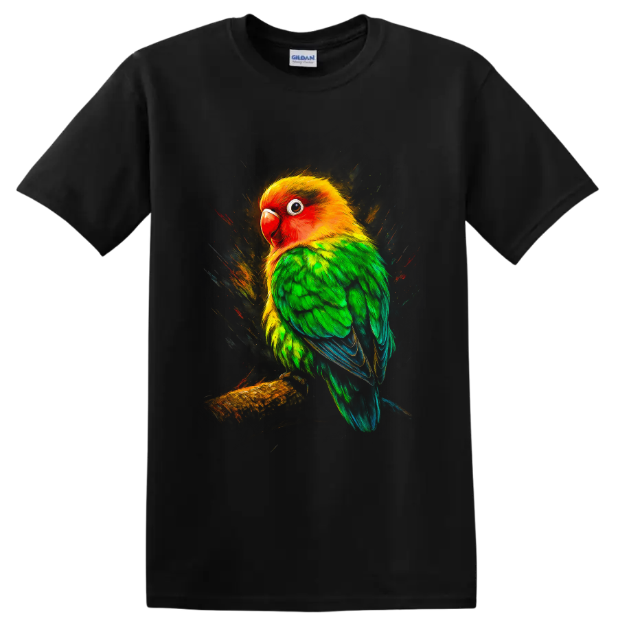 Vibrant sun conure parrot portrait on a branch with painterly tropical splashes on a Black T Shirt