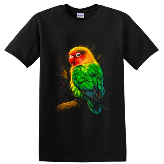 Vibrant sun conure parrot portrait on a branch with painterly tropical splashes on a Black T Shirt