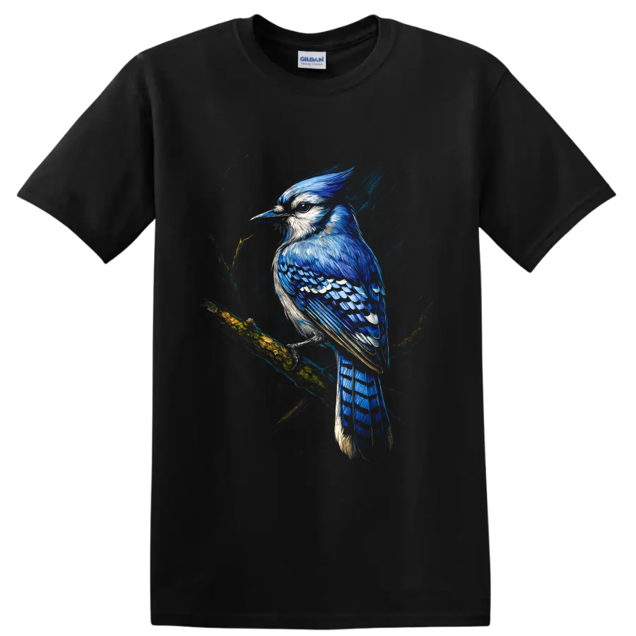 Painterly blue jay perched on a mossy branch with vivid blue feathers on a Black T Shirt