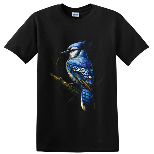 Painterly blue jay perched on a mossy branch with vivid blue feathers on a Black T Shirt
