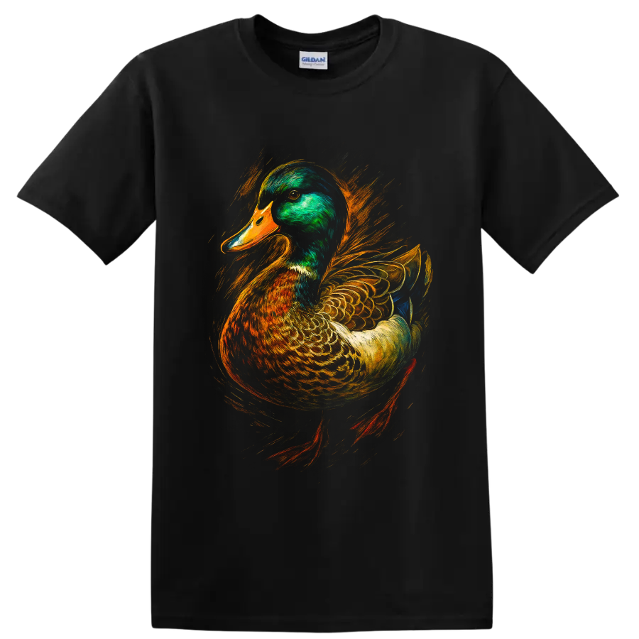 Realistic mallard drake portrait with vivid orange and gold painterly brushstrokes on a Black T Shirt